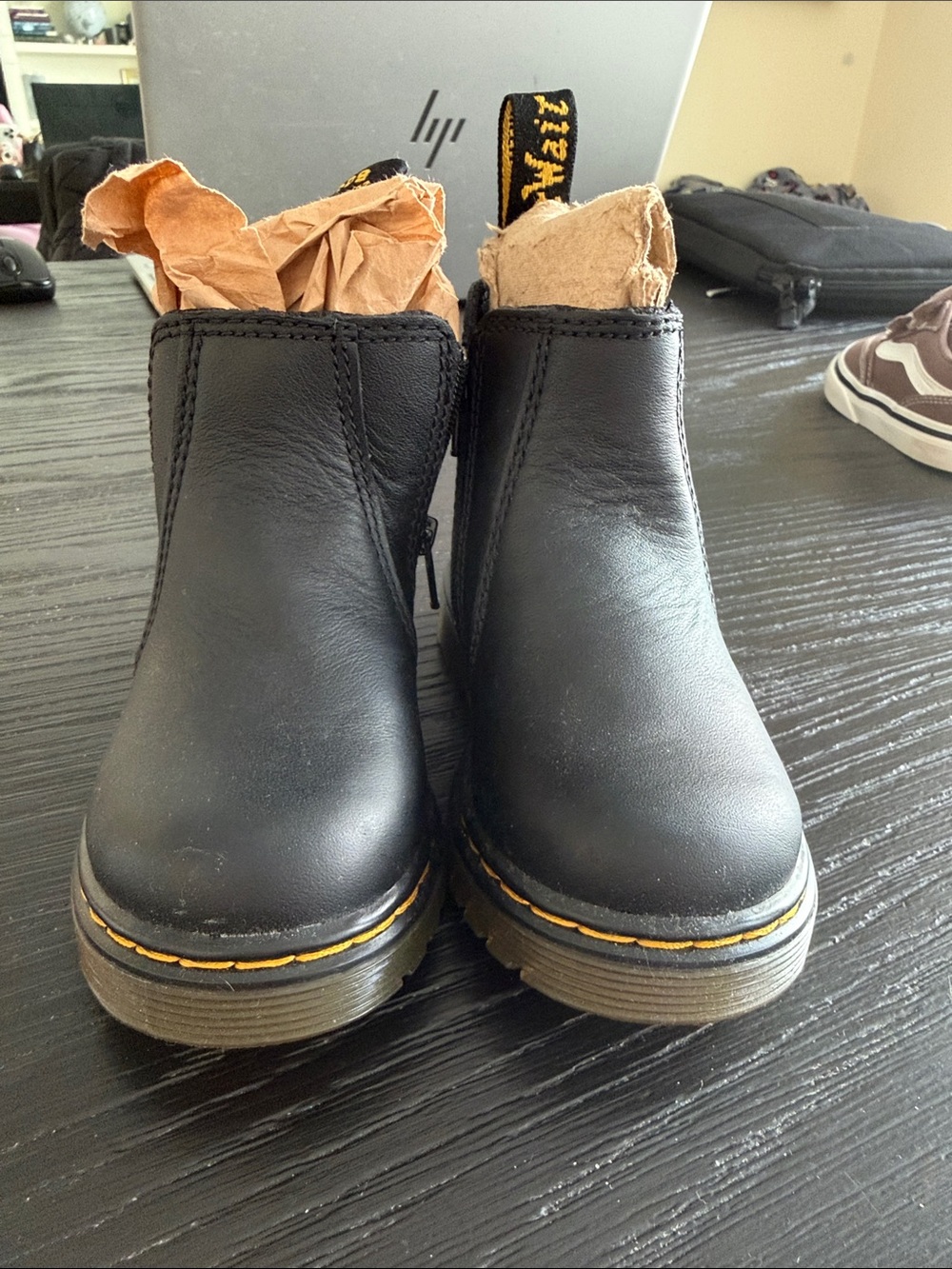 Dr. Martens Kids Black Leather Chelsea Boots with Yellow Stitching